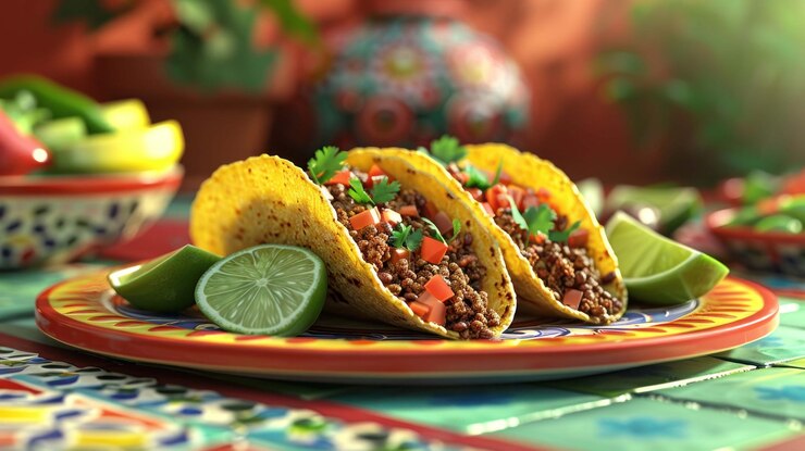 PSD dos deliciosos tacos con tomates de carne molida cilantro y cuñas de lima en un plato colorido con un fondo brillante