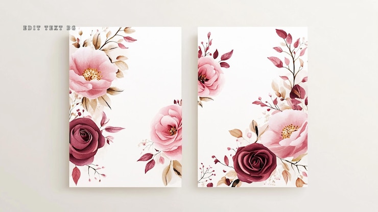 PSD dos elegantes diseños florales con hojas y ramas de rosas rosas y borgoñonas sobre un fondo blanco
