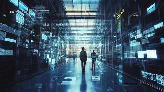 Dos figuras caminan por un corredor futurista de un centro de datos lleno de información digital