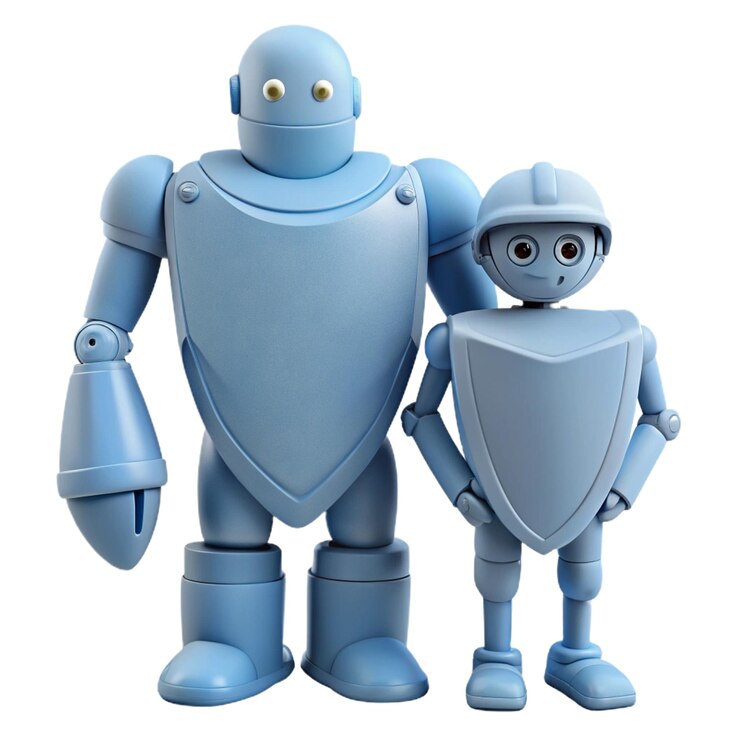 PSD dos figuras de robots azules con una de ellas tiene un escudo de plata