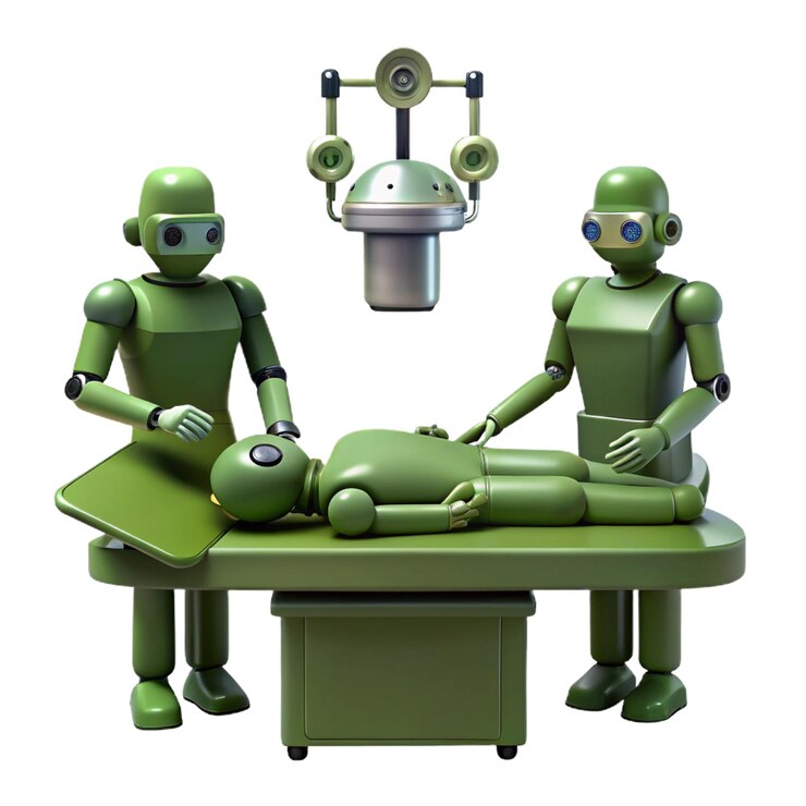 PSD dos figuras de robots verdes con una sostenida por dos personas