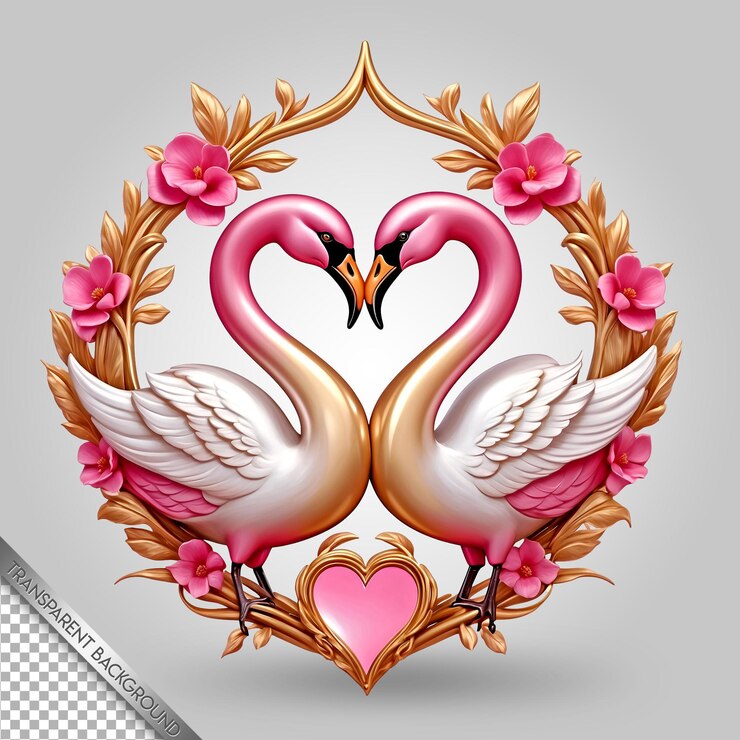 PSD dos flamencos en un marco en forma de corazón con corazones rosados y un flamenco rosado en el medio