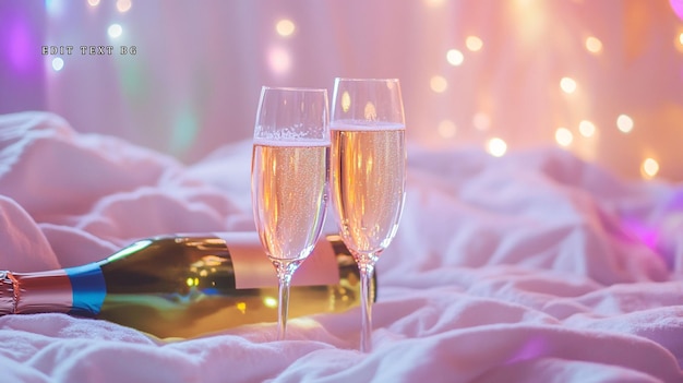Dos flautas de champán llenas de burbujas al lado de una botella en una cama con luces de hadas