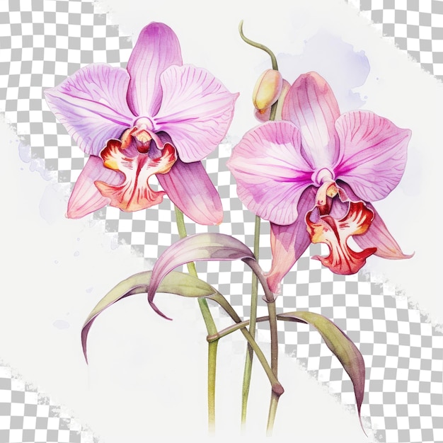 Dos flores aisladas en un fondo transparente ilustradas con acuarelas vibrantes