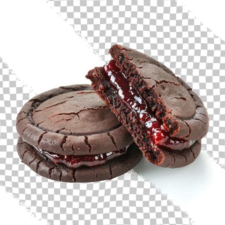 PSD dos galletas de chocolate con una mermelada roja y una galleta de chocolate en la parte superior