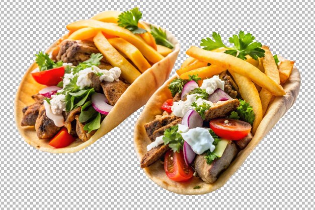 Dos giros griegos con cordero afeitado y papas fritas para el almuerzo.