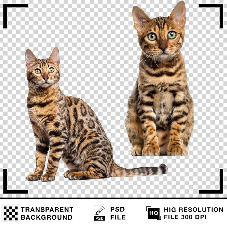 PSD dos hermosos gatos de bengala sentados y mirando a la cámara con fondo transparente