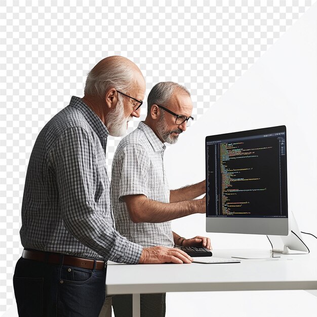 dos hombres están mirando una pantalla de computadora que dice código
