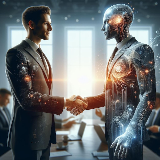 PSD dos hombres estrechando las manos frente a un hombre con un robot en el fondo