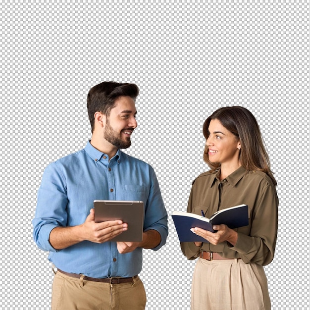 Dos hombres de negocios colaborando con una tableta y un cuaderno