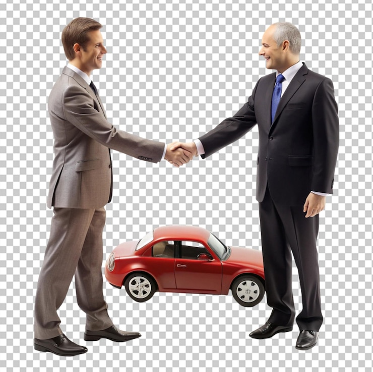 PSD dos hombres de negocios estrechando las manos y un coche de juguete en un fondo transparente