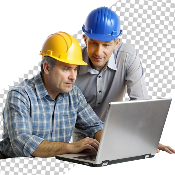 PSD dos hombres de negocios inversores con computadora en línea aislado en proyecto de negocio de espacio de copia en blanco