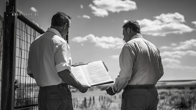 Dos hombres revisando documentos al aire libre cerca de una valla