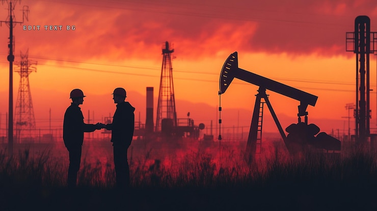 PSD dos ingenieros estrechando la mano al atardecer con plataformas petroleras en el fondo
