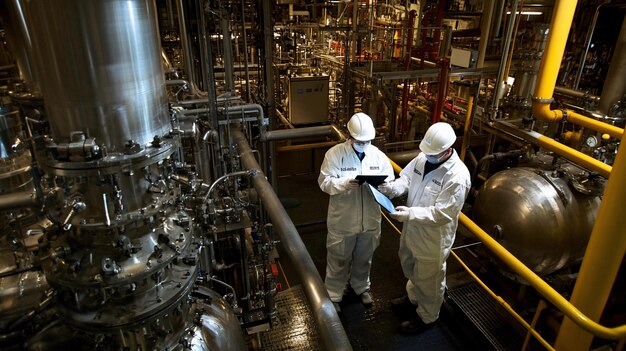 Dos ingenieros en una instalación industrial revisando una tableta