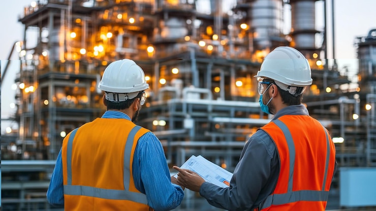 PSD dos ingenieros revisando planos en una refinería iluminada