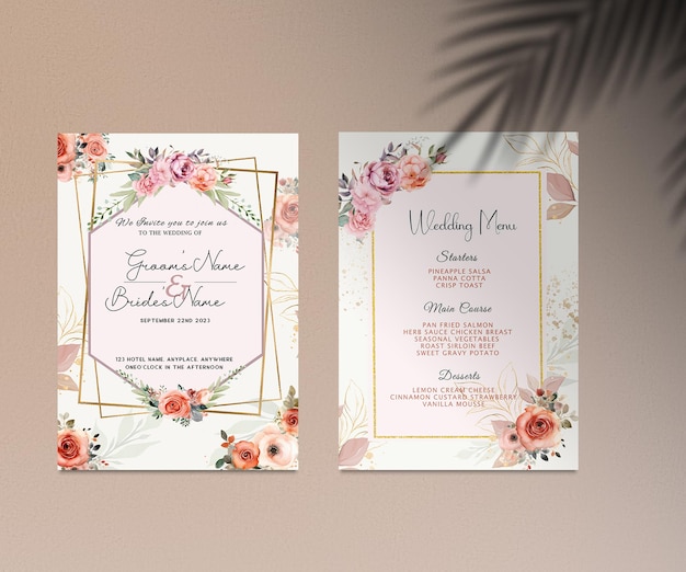 Dos invitaciones de boda con flores rosas y marco dorado.