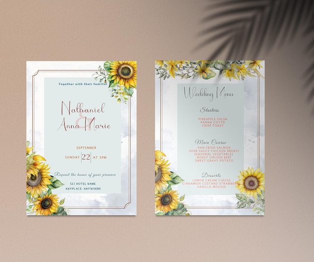 Dos invitaciones de boda con girasoles.