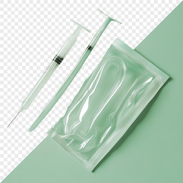 dos jeringas con una caja transparente y una caja clara con un fondo verde