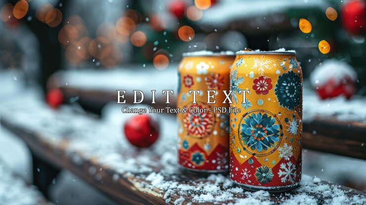 PSD dos latas de colores en un banco de madera nevada con luces de navidad y adornos en el fondo