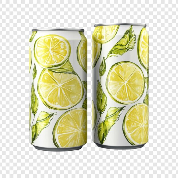 Dos latas de refresco de limón y limón diseñan una maqueta de embalaje de bebidas refrescantes de verano de fondo blanco