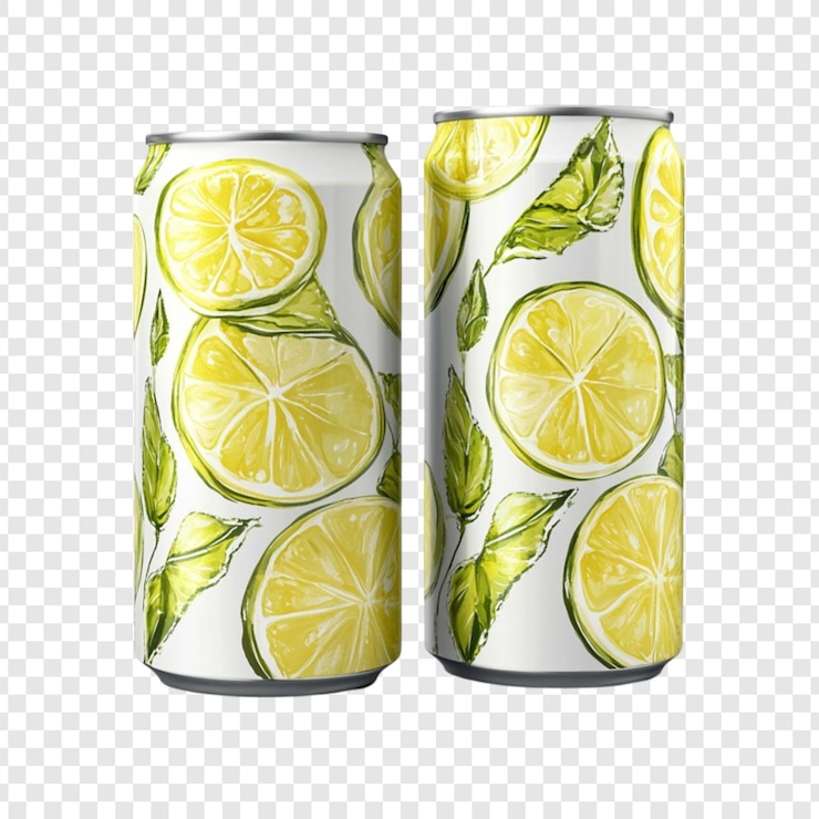 PSD dos latas de refresco de limón y limón diseñan una maqueta de embalaje de bebidas refrescantes de verano de fondo blanco
