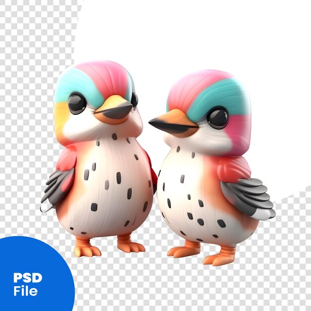 PSD dos lindos pájaros sobre un fondo blanco. renderizado 3d. aislado. plantilla psd