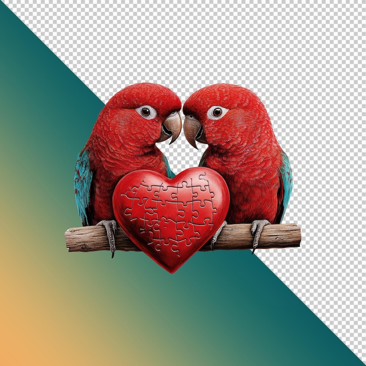 PSD dos loros rojos compartiendo un rompecabezas corazón un símbolo de amor y conexión