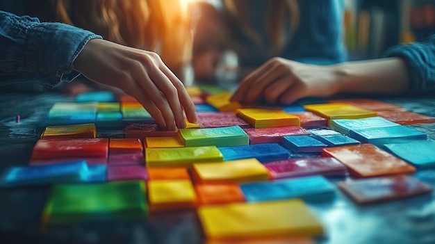 Dos manos arreglan notas adhesivas coloridas en una mesa
