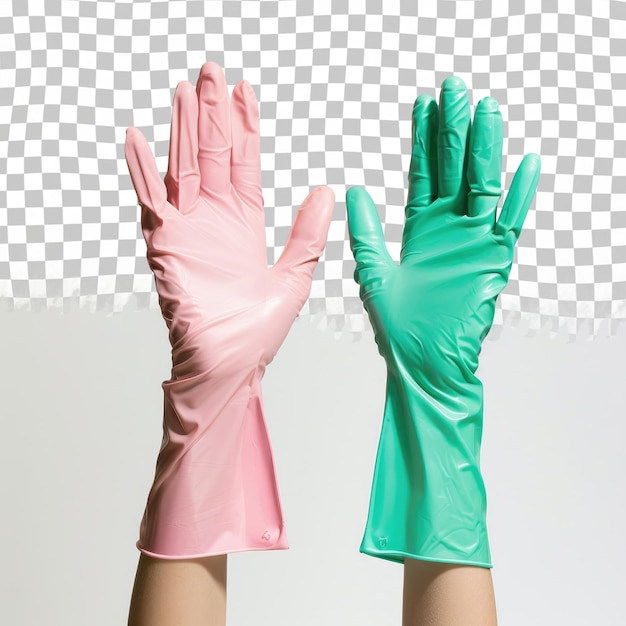 PSD dos manos con guantes verdes que dicen rosa en ellos
