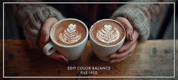 PSD dos manos sosteniendo dos tazas de café con arte latte