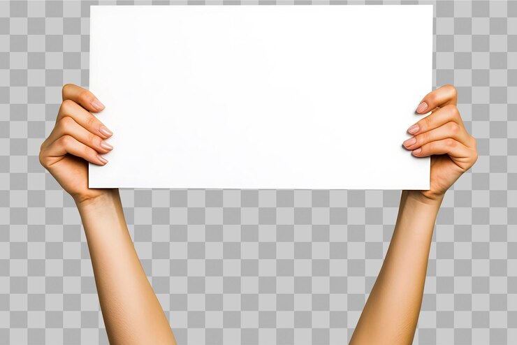 PSD dos manos sosteniendo un letrero blanco en blanco contra un limpio