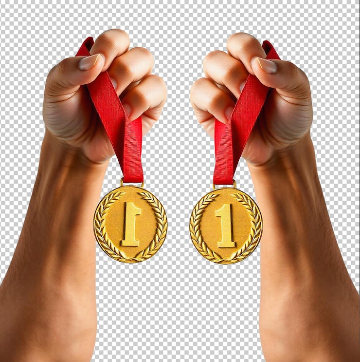 dos manos sosteniendo una medalla que dice primer lugar en la parte inferior
