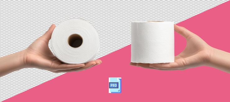 PSD dos manos sostienen dos rollos de papel higiénico acostados y de pie con fondo transparente