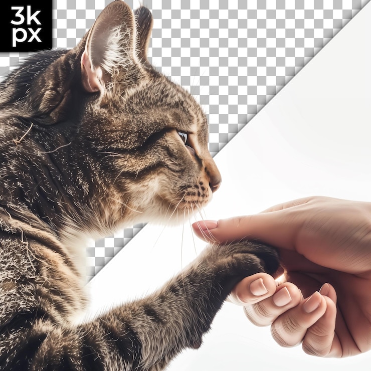 PSD dos manos tocando suavemente un gato a rayas sobre un fondo transparente