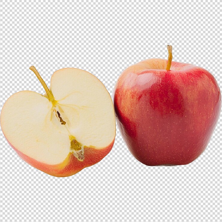Dos manzanas rojas en rebanadas sobre un fondo transparente