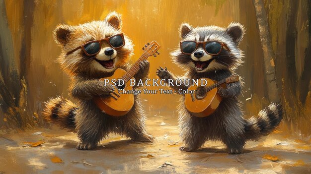 Dos mapaches con gafas de sol tocan instrumentos musicales en un fo