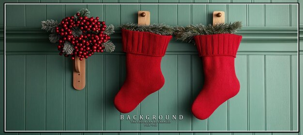 Dos medias de Navidad rojas colgando en una pared verde con una corona de bayas