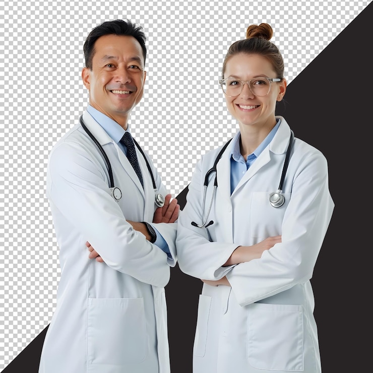PSD dos médicos de pie uno al lado del otro en un fondo transparente