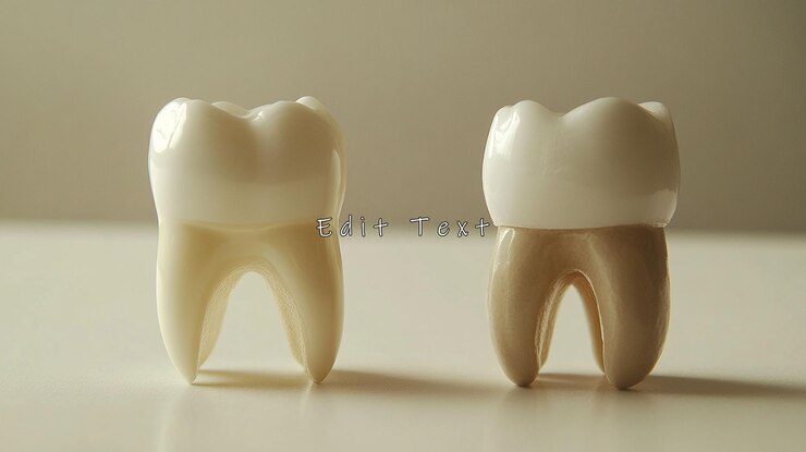 PSD dos modelos de dientes, uno blanco y otro beige, que muestran antes y después del blanqueo o restauración de los dientes