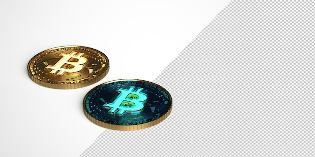 Dos monedas bitcoin doradas y azules sobre una maqueta de fondo blanco. Ilustración de render 3d.