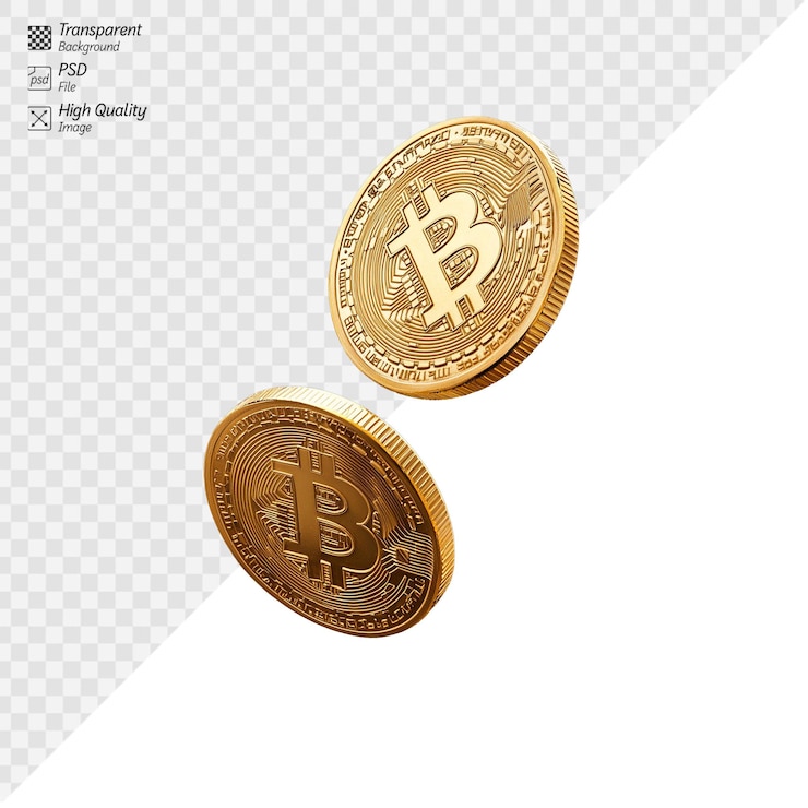 PSD dos monedas de oro de bitcoin en un fondo transparente ideales para la criptomoneda