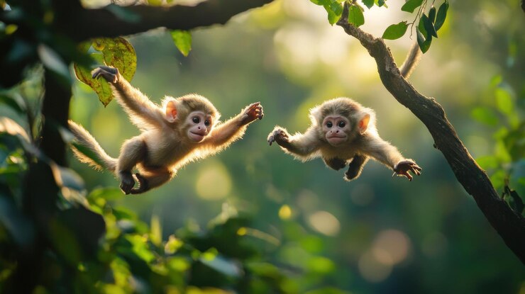 PSD dos monos bebés se cuelgan de las ramas en un bosque verde exuberante