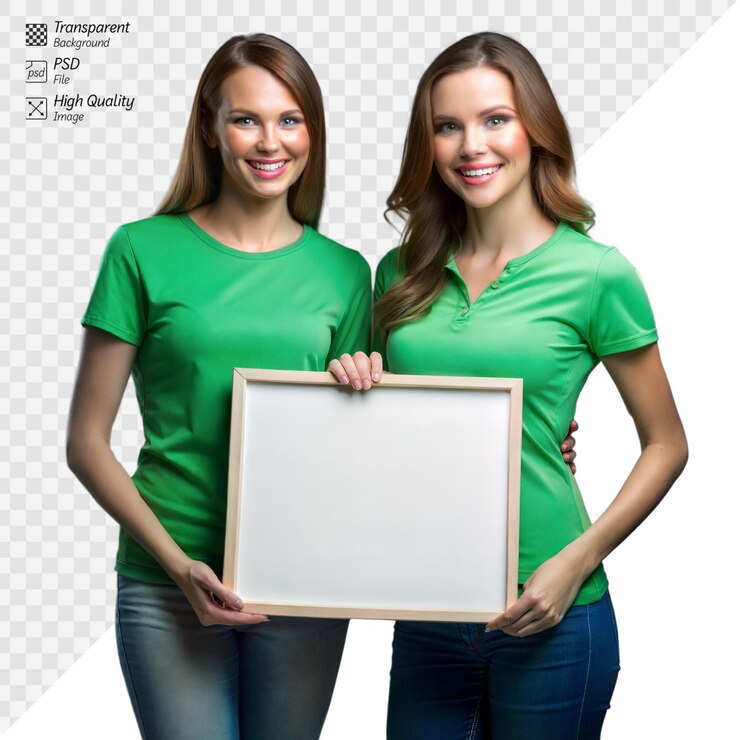 PSD dos mujeres con un cartel en blanco en un fondo transparente