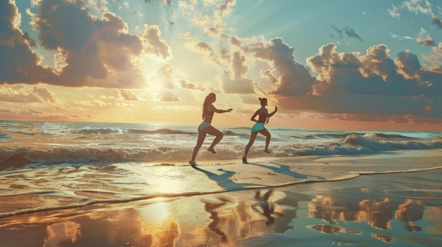 Dos mujeres corren alegremente a lo largo de una playa al atardecer sus reflejos se reflejan en la arena húmeda