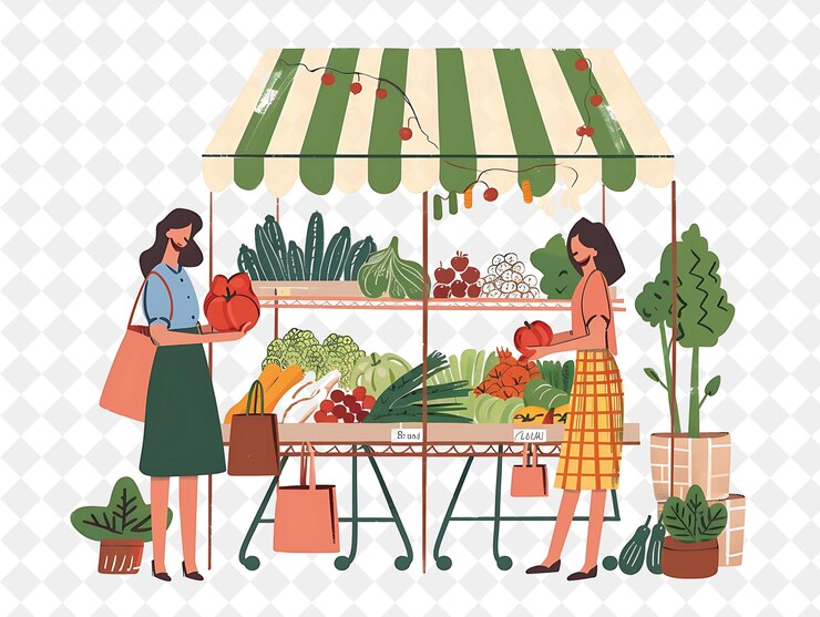PSD dos mujeres están comprando en un puesto de productos con un letrero que dice "productos frescos"