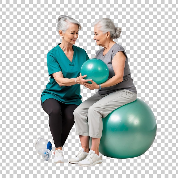 PSD dos mujeres están sentadas en una pelota y una tiene una pelota verde delante de ella
