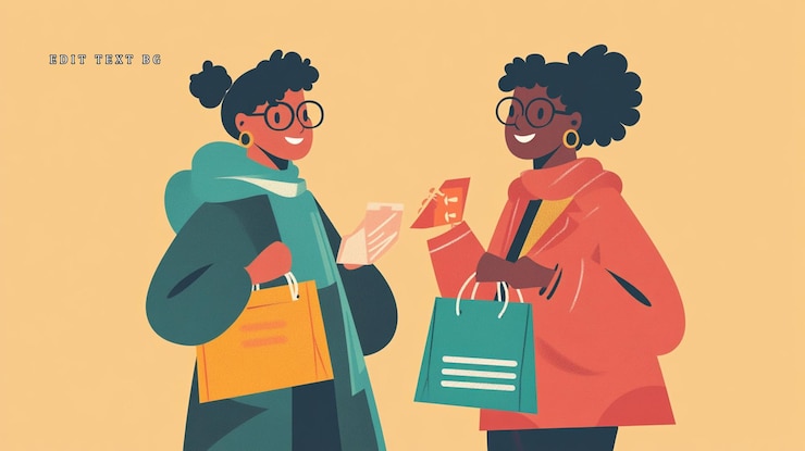 PSD dos mujeres felices intercambiando recibos de compras y bolsas después de una exitosa carrera de compras