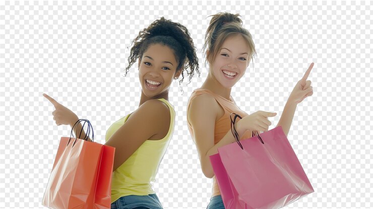 PSD dos mujeres jóvenes con bolsas de compras aisladas en un fondo transparente