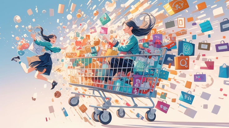 PSD dos mujeres jóvenes están haciendo compras y la de un carrito de compras está siendo abrumada por los artículos a su alrededor